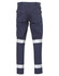 Navy work pants with reflective strips, featuring multiple side pockets and a logo. Back view displayed.