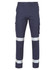 Navy work pants featuring reflective stripes and side pockets, designed for durability and visibility.