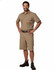 A man stands confidently wearing khaki heavy duck weave work shorts with pockets, paired with black footwear.