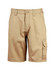 Light weight semi-fitted cargo shorts in a tan colour, featuring multiple pockets and a branded logo.