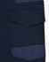 A close-up of navy blue unisex cotton stretch drill work pants featuring a side pocket and patch detail.