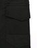 Black unisex cotton stretch drill work shorts featuring multiple pockets and a textured section. Includes a logo.