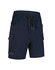 Navy unisex cotton stretch drill work shorts featuring pockets and an elastic waistband with a drawstring.
