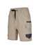 Unisex cotton stretch drill work shorts in beige with navy detailing and multiple pockets. Features an elastic waistband.