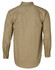 A long-sleeve, khaki work shirt with a back view, featuring buttoned cuffs and a logo on the front.