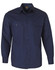 A navy blue long-sleeve shirt with dual chest pockets and a logo on the label. Suitable for workwear.