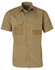 A short sleeve work shirt in khaki with two chest pockets and a logo. It features a classic collar design.