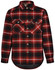 A red and black quilted flannel shirt featuring a check pattern, button-up front, and two chest pockets.