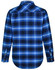 A blue and navy checked quilted flannel shirt with long sleeves and a button-down collar, featuring a logo.