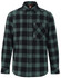 A unisex flannel plaid shirt in black and teal with a button-up front and a single chest pocket.