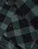 A close-up of a unisex flannel plaid shirt featuring a black and dark green check pattern with button details.