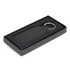 A rectangular black leather key ring displayed in a sleek black box with a soft interior.