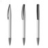 A plastic pen in white and silver, featuring a sleek design and a logo on the barrel.