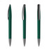 A collection of green plastic pens with silver accents and a clip, featuring multiple angles of the design.