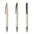A metallic pen in cream with shiny black accents, featuring a sleek design and a built-in clip.