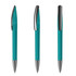 A set of turquoise plastic pens with silver accents, featuring different angles of the writing instruments and a logo.
