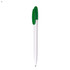 A plastic pen in white with a green cap and branding on the barrel.