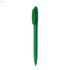 A green plastic pen with a click mechanism and branding on its side.
