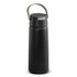 A drink bottle in black with a green handle, featuring a built-in Bluetooth speaker and a logo on the body.