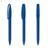A set of transparent blue plastic pens with click mechanism and clip. The pens have a sleek design and a brand logo.