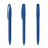 A set of blue plastic pens displayed from different angles, featuring a clip and smooth barrel design.