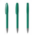 A green plastic pen with a sleek design and silver tip, featuring a clip and smooth rounded barrel.