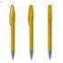 A plastic pen in a transparent yellow hue with a silver tip, featuring a clip and a smooth design.