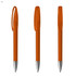 A plastic pen in vibrant orange with a clip and a silver point, featuring a branding logo on the barrel.