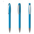 A blue plastic pen with a shiny silver clip and tip, displayed from three angles. Features a logo.