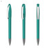 A transparent turquoise pen with a clip, showcasing three different angles. It features a silver-tone tip.
