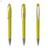 Transparent yellow plastic pen with a silver clip, displayed from multiple angles.