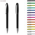 A set of plastic pens in various colours, featuring a black pen in the foreground with a logo.
