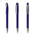 A plastic pen in a vibrant purple colour with a silver clip and tip, featuring a simple design. It has a logo on it.