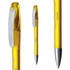A plastic pen featuring a bright yellow barrel and a metallic clip, with a branding logo present.