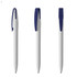 A set of three plastic pens in grey with navy blue clips, featuring a simplistic design and a logo.