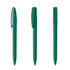 A set of three green plastic pens with clips and a sleek design. Each pen features a simple, modern aesthetic.