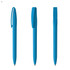 A blue plastic pen displayed from three angles, featuring a clip and a smooth barrel design.
