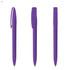 Purple plastic pen with a clip, depicted from multiple angles, showcasing its sleek design. Includes a logo.