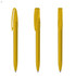 A set of three yellow plastic pens with a clip and retractable tips, features a logo on the barrel.
