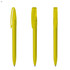 A set of bright yellow plastic pens with a transparent design and clip. The pens feature a smooth barrel and a branding logo.