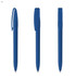 A blue plastic pen with a clip and a sleek design, featuring a retractable tip and a logo.