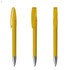A set of three yellow plastic pens with a shiny silver tip and a clip on the side, featuring a branding logo.