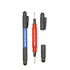 A pen-shaped tool set featuring a blue and red pen, with detachable caps and black components. Includes a logo.
