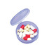 A purple pill box containing various capsules and tablets in white, red, and yellow. The box is open, revealing its contents.