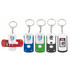 A set of five keyring tools in red, blue, green, and black, featuring various tools and a branding logo.