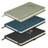 A stack of three notebooks in green, navy blue, and black, each with a ribbon bookmark and branding on the covers.