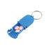 A blue pill box with a keyring, containing pink tablets inside.