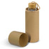 A drink bottle with a glass body and bamboo lid, presented in a cylindrical brown cardboard packaging.