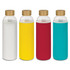 A drink bottle set with glass containers and coloured neoprene sleeves in white, yellow, red, and teal, each with a bamboo lid.