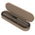 A cutlery set in a tan case featuring a knife, fork, spoon, and a pen. The case has a smooth finish and a logo.